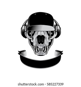 Lion skull grey scale black white illustration with headset, cap and ribbon