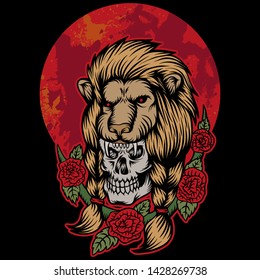 lion skull head red moon vector illustration for your company or brand