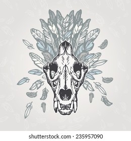 Lion skull on a plumage background. Contains transparent objects