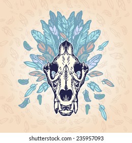 Lion skull on a plumage background. Contains transparent objects