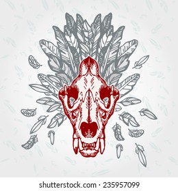 Lion skull on a plumage background. Contains transparent objects