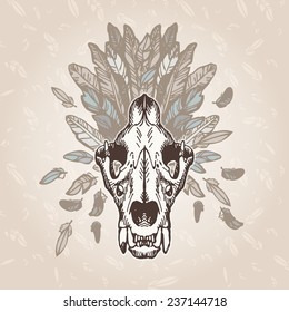 Lion skull on a plumage background. Contains transparent objects