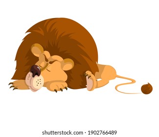 Lion sleeping, isolated on white background. Design in cartoon style. Wildlife animal. The predator is resting. Vector illustration.