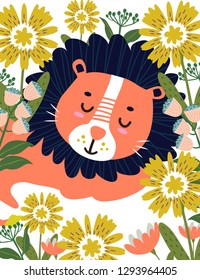 Lion sleeping in jungle. Vector illustration