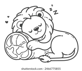 The lion sleeps contentedly, hugging a meat, its favorite food. Hand drawing vector illustration in black outline on a white background.