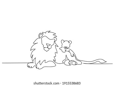 Lion with small cubs lying. Continuous one line drawing. Vector illustration. Line art