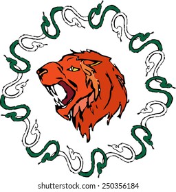 Lion and snakes