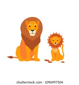 Lion and son family vector illustration. Happy Fathers Day. Cartoon safari postcard