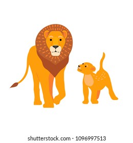 Lion and son family vector illustration. Happy Fathers Day. Cartoon safari postcard