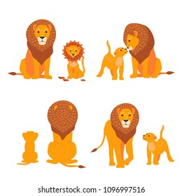 Lion and son family vector illustration. Happy Fathers Day. Cartoon safari postcard