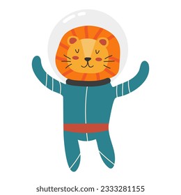 Lion in a spacesuit. Vector illustration of a cute space animal. Space theme. Child character in flat style. Isolated object on white background. 