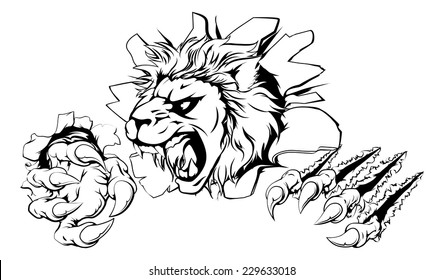 A lion sports mascot or character breaking out of the background or wall