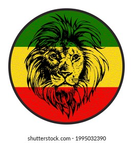 Lion Stamp Portrait. Round Emblem of Rastafari Flag Colors. Vector Illustration svg