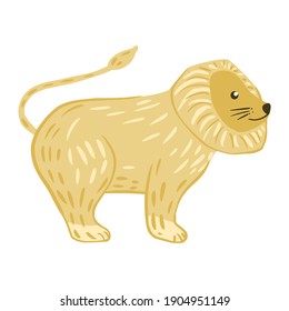 Lion stand isolated on white background. Circus character from safari with mane. Doodle vector illustration.