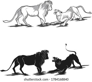 Lion standing against Lioness, Line art and silhouette of male and female, Sketch Idea for company logo