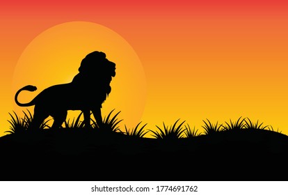 lion standing Against a Sunset Vector illustration,African nature with wild lion.Black silhouette of a lion.