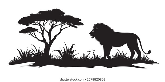 A lion is standing in front of a tree in a grassy field