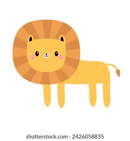 Lion standing icon. Funny face. Cute cartoon kawaii character. Baby animal collection. Childish print for nursery, kids apparel, poster, postcard. Jungle cat. Flat design. White background. Vector