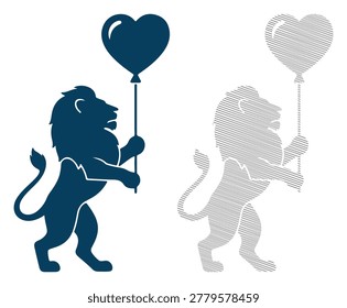 Lion standing on hind legs holding heart balloon romantic greeting card graphic symbol icon.