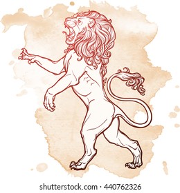 Lion standing on it's hind legs and roaring. Heraldic supporter. Sketch on grunge background. EPS10 vector illustration.