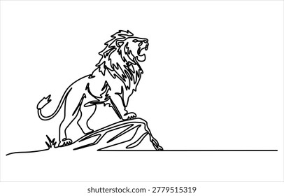 Lion standing on rock line art vector illustration minimalist continuous drawing strength and leadership concept design