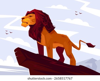 Lion standing on top of a rock. Cartoon vector illustration