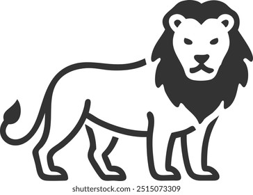 A lion is standing on a white background. The lion has a menacing look on its face. The image is simple and elegant, with a focus on the lion's features