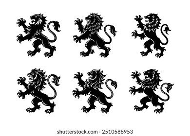 Lion Standing Rampant Heráldica Brasão de Braços Ilustração Vetor Clipart e Linha Arte Design