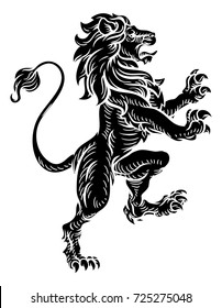 A lion standing rampant on its hind legs from a medieval coat of arms or heraldic crest