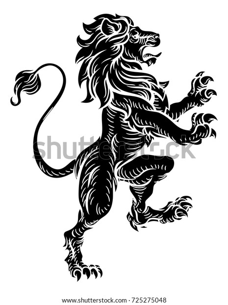 A lion standing rampant on its hind\
legs from a medieval coat of arms or heraldic\
crest