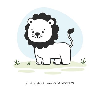 Lion standing in savannah children coloring book style vector illustration