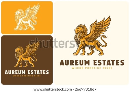 Lion standing tall with two wings spread wide and chest forward in full body pose for regal proud stance, elegant engraved line art, hand drawn vintage style, Aureum Estates. Vector illustration logo