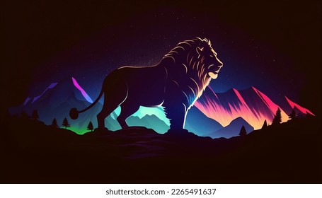 The lion stands majestically on the mountain. There is an aurora shining through