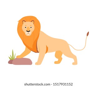 Lion stands near a stone. Vector illustration on a white background.
