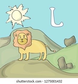  A lion stands on a hill in safar. Children's illustrated alphabet characetr. Letter L.