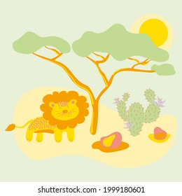 A lion stands under a tree among the hot African savannah. Animals and nature in cartoon flat style. Colorful vector illustration. Design for children.