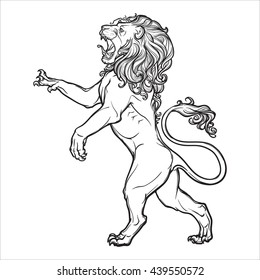 Lion stanging on it's hind legs and roaring. Heraldic supporter. Sketch isolated on white background. EPS10 vector illustration.