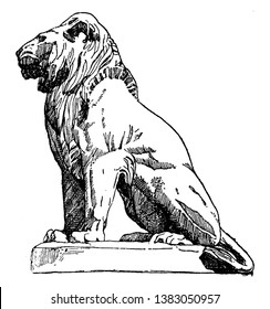 Lion Statue Is Found In Front Of The Louvre, Vintage Line Drawing Or Engraving Illustration.