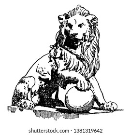 Lion Statue Is Found In Front Of The Palace Of Cortes In Madrid, Vintage Line Drawing Or Engraving Illustration.