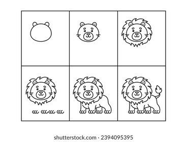 Lion. Step by step drawing. Coloring page, coloring book page. Black and white vector illustration.