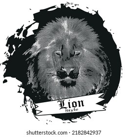 Lion style abstract vector illustration. Halftone head of lion in black and white colours with text banner.
