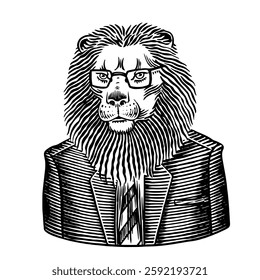 Lion in suit and tie . Animal character hipster in human clothes for beverages or business concept. cute hand drawn engraved in etching style.