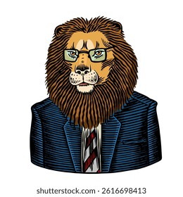 Lion in suit and tie . Animal character hipster in human clothes for beverages or business concept. cute hand drawn engraved in etching style.