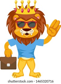 Lion with suitcase, illustration, vector on white background.