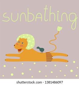 Lion sunbathing lion. Vector design for poster, card, bag and t-shirt. Scandinavian style. 