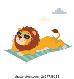 Lion in sunglasses lying on a towel and sunbathing on the beach. Vector illustration in cartoon style on white background.
