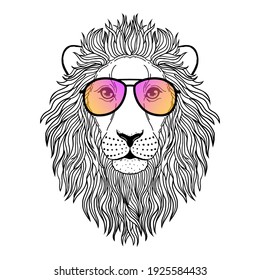Lion with sunglasses on white background. Idea for t-shirts design.
