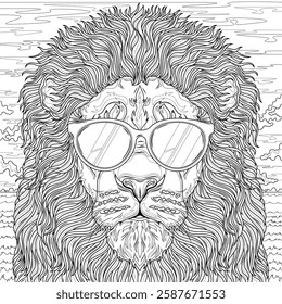 Lion in sunglasses.Coloring book antistress for children and adults. Illustration isolated on white background.Zen-tangle style. Hand draw