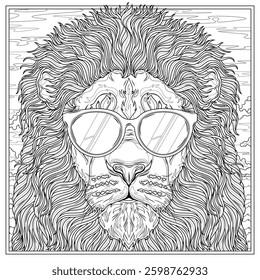 Lion in sunglasses.Coloring book antistress for children and adults. Illustration isolated on white background.Hand draw
