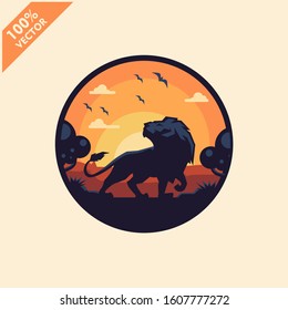 Lion with sunset background safari zoo logo vector